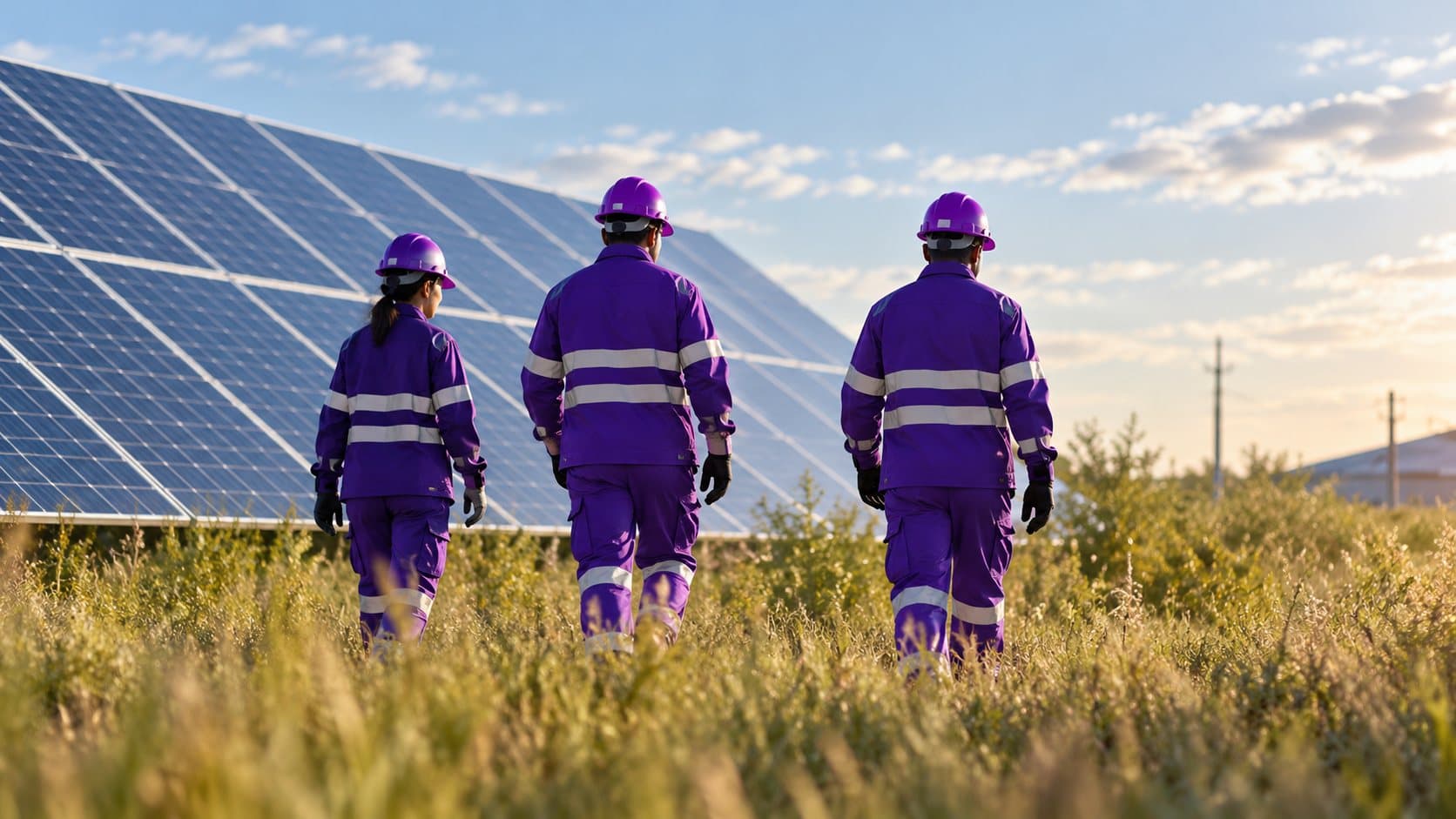 Trainees walking beside a solar array