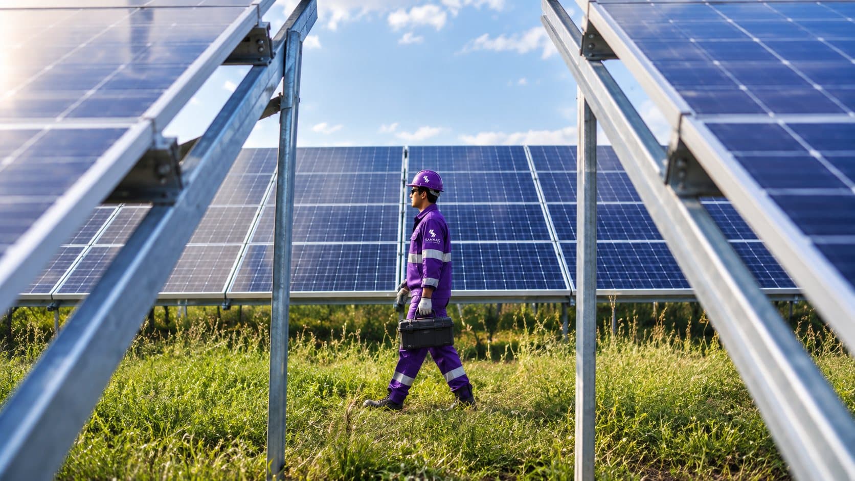 Solar technician walking past a solar array