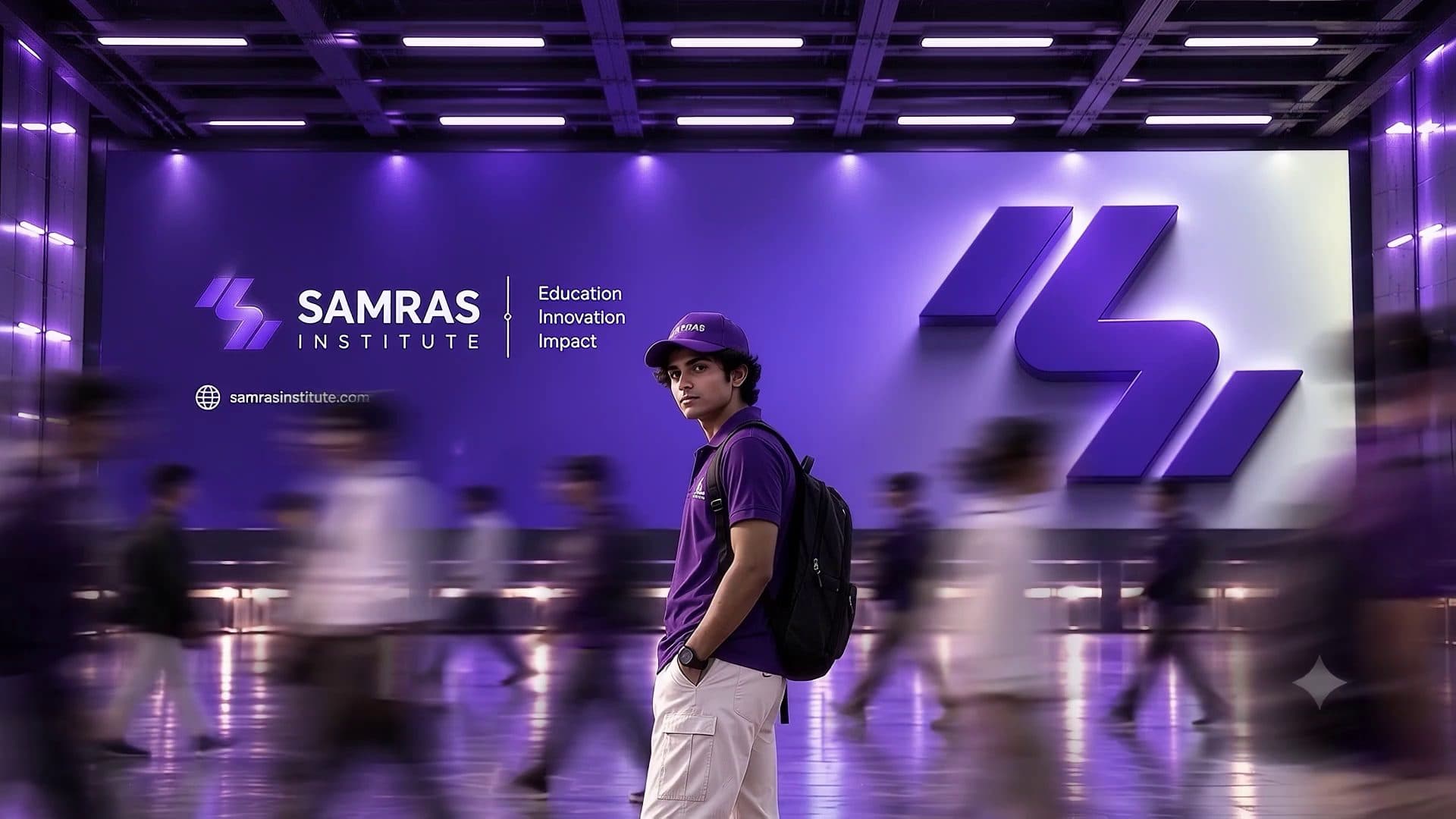 Student in a SAMRAS purple cap standing still as others walk past a large SAMRAS Institute wall display