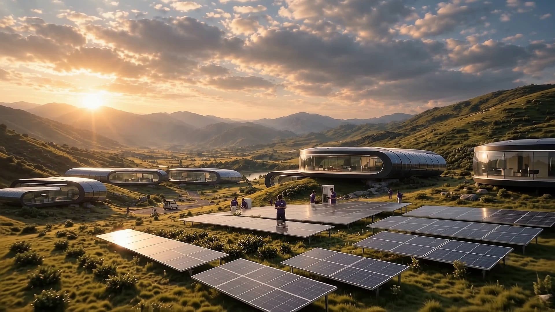 SAMRAS technician giving a thumbs up on a solar farm at sunset, with futuristic buildings and colleagues in the background